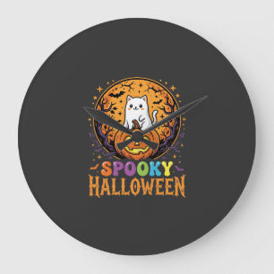 Halloween-Katze Kürbis Mond Vintage-Design Große Wanduhr