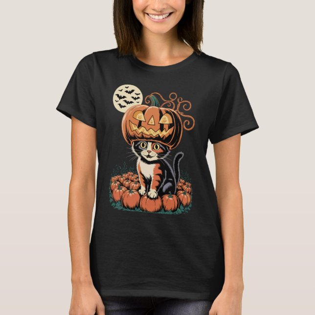 Halloween-Katze-Kürbis T-Shirt (Vorderseite)