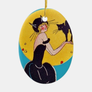 Halloween-Katze-Mädchen und schwarze Katze Keramikornament
