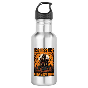 Halloween-Katze Miauw Gruseliges Vintage-Hexenhaus Edelstahlflasche