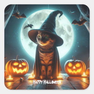 Halloween-Katze mit Kürbis Quadratischer Aufkleber
