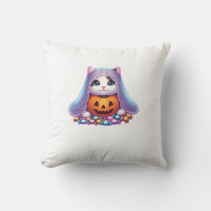 Halloween-Katze mit Kürbis und Süßigkeiten Langarm Kissen
