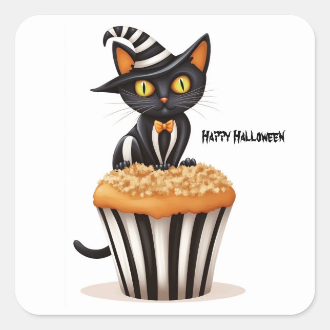 Halloween-Katze mit Muffin Quadratischer Aufkleber (Vorderseite)