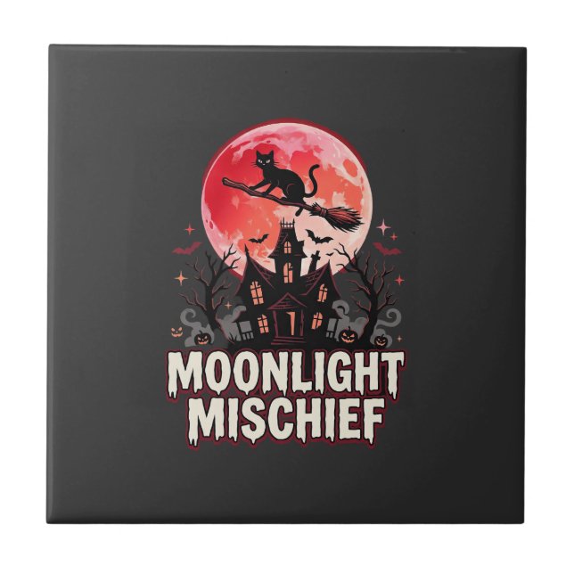 Halloween-Katze Mondlicht Unfug Fliese (Vorderseite)