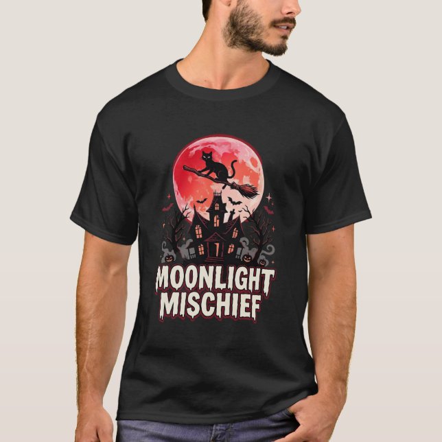 Halloween-Katze Mondlicht Unfug T-Shirt (Vorderseite)