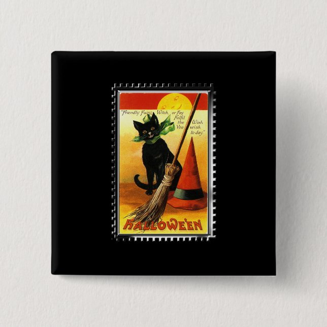 Halloween-Katze sitzt Hexenhut Button (Vorderseite)