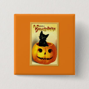 Halloween-Katze sitzt in Jack O Lantern Button