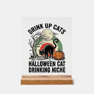 Halloween-Katze trinkt Vintage-Mond-Party-Shirt_1 Acrylschild