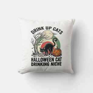 Halloween-Katze trinkt Vintage-Mond-Party-Shirt_1 Kissen