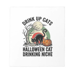 Halloween-Katze trinkt Vintage-Mond-Party-Shirt_1 Notizblock