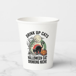 Halloween-Katze trinkt Vintage-Mond-Party-Shirt_1 Pappbecher
