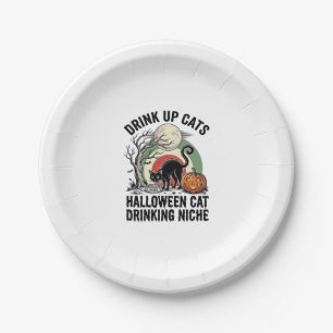 Halloween-Katze trinkt Vintage-Mond-Party-Shirt_1 Pappteller