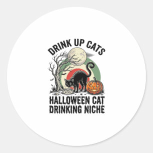 Halloween-Katze trinkt Vintage-Mond-Party-Shirt_1 Runder Aufkleber