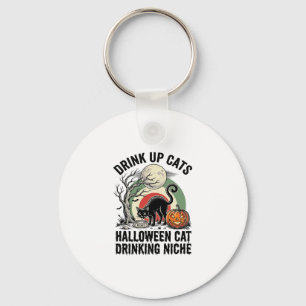 Halloween-Katze trinkt Vintage-Mond-Party-Shirt_1 Schlüsselanhänger