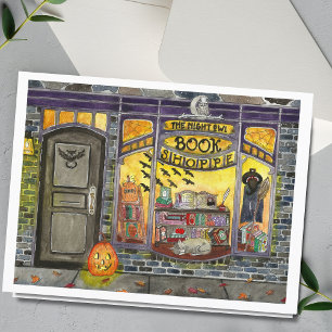 Halloween-Katze und Buchladen Wasserfarbenkarte Karte
