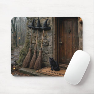 Halloween-Katze und Hexenbesen Mousepad