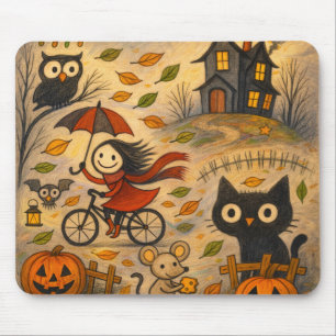 Halloween-Katze- und Mädchen-mit-Fahrrad-Mauspad Mousepad