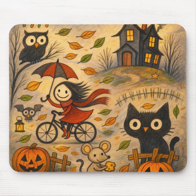 Halloween-Katze- und Mädchen-mit-Fahrrad-Mauspad Mousepad (Vorne)