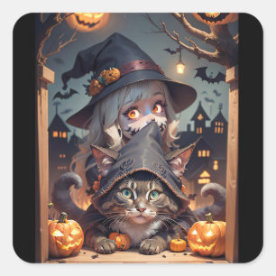 Halloween-Katze und Trick oder Heilkind Quadratischer Aufkleber