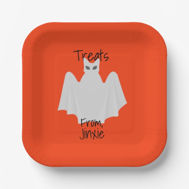 Halloween-Katze, verkleidet wie eine Geisterpapier Pappteller (Vorderseite)