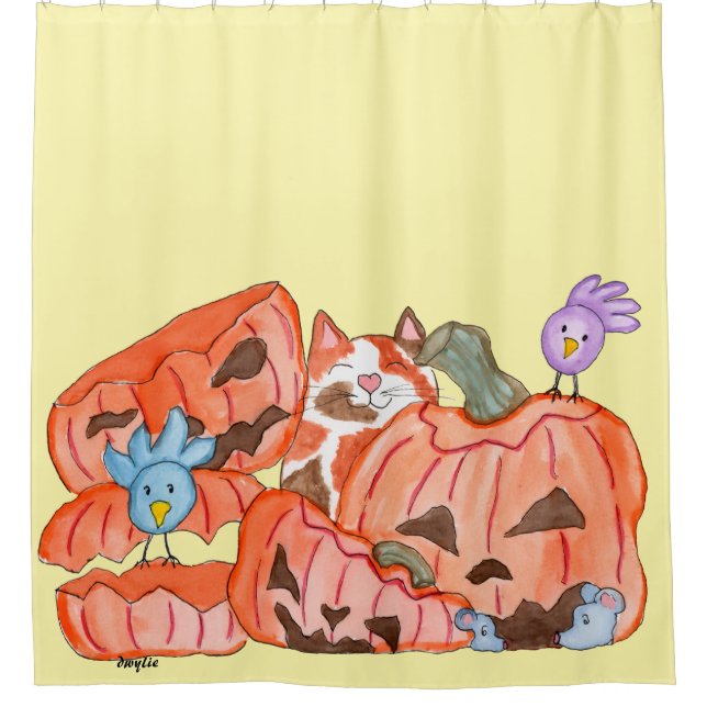 Halloween-Katze & zerbrochene Kürbisse Duschvorhang (Vorderseite)
