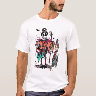 Halloween-Katzen-Horror-Kunst-Graffiti T-Shirt