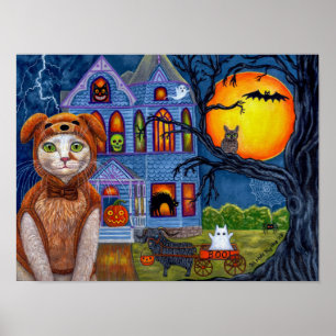 Halloween-Katzen-Hunde-Kostüm Spukhaftes viktorian Poster