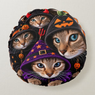 Halloween-Katzen in Hexenhüten Rundes Kissen
