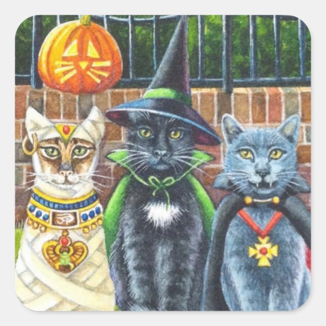 Halloween Katzen in Kostümkunst Quadratischer Aufkleber (Vorderseite)