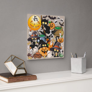 Halloween Katzen Lustige Party Quadratische Wanduhr