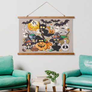 Halloween Katzen Lustige Party Wandteppich Mit Holzrahmen