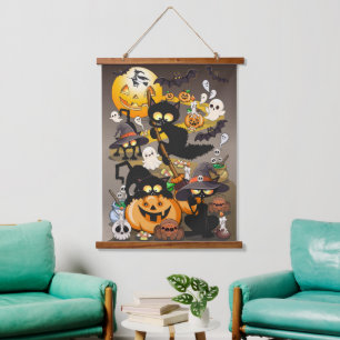 Halloween Katzen Lustige Party Wandteppich Mit Holzrahmen