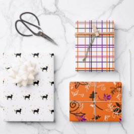 Halloween Katzen, Pflaumen und Blume Geschenkpapier Set