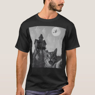 Halloween-Katzen-Selfie Gruseliges Haus Gespenster T-Shirt