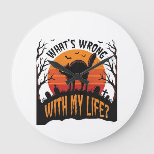 Halloween-Katzen-Shirt Vintage Grusel Leben Humor_ Große Wanduhr