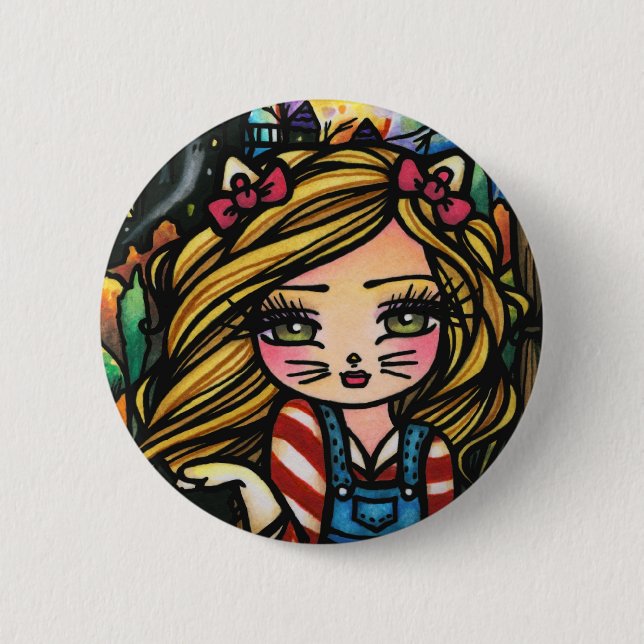 Halloween-Katzen-Spuk Haus-Mädchen-Fantasie-Kunst Button (Vorderseite)