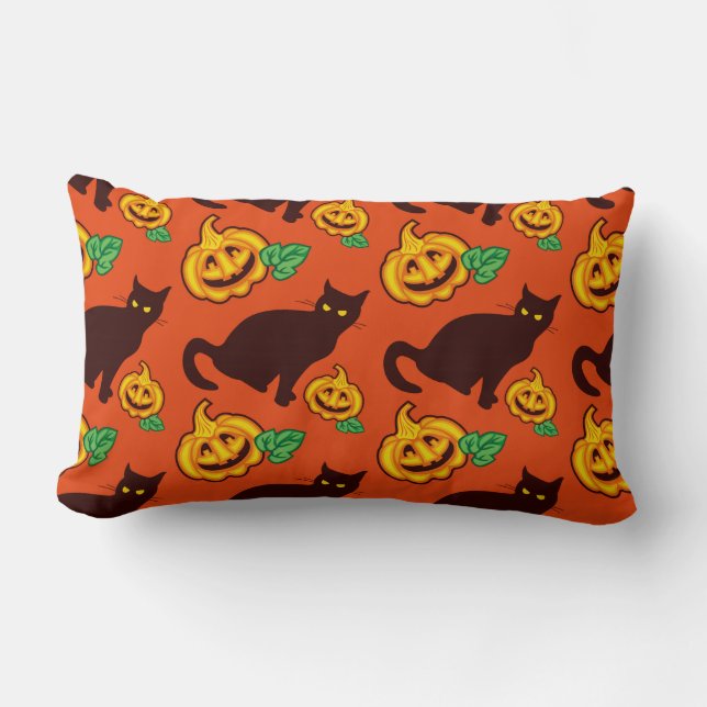 Halloween Katzen und Kürbis. Zwei-Seiten-Design Lendenkissen (Vorderseite)