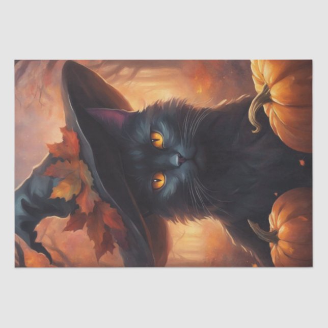 Halloween Katzenkatze in einer Hexenhutdekoupage Seidenpapier (Vorderseite)