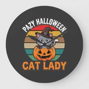 Halloween Katzenlady Hexe Kürbis Retro Design Große Wanduhr