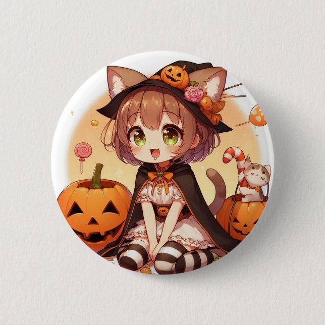 Halloween-Katzenmädchen Button (Vorderseite)
