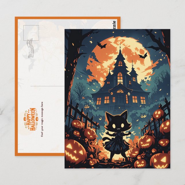 Halloween-Katzmädchen im Spukhaus Postkarte (Vorne/Hinten)