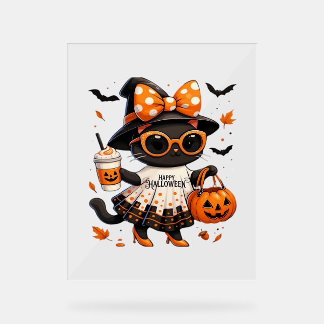 Halloween Kawaii Cat - Hexenkatze mit Pumpkin und Acrylschild (Vorderseite)