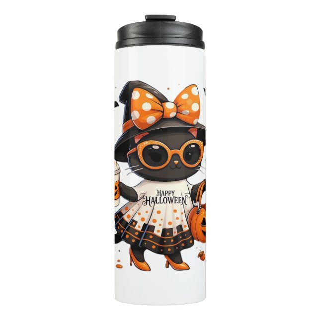 Halloween Kawaii Cat - Hexenkatze mit Pumpkin und Thermosbecher (Vorderseite)