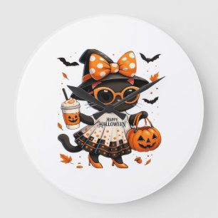 Halloween Kawaii Katze � Hexenkatze mit Kürbis und Große Wanduhr