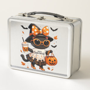 Halloween Kawaii Katze � Hexenkatze mit Kürbis und Metall Brotdose
