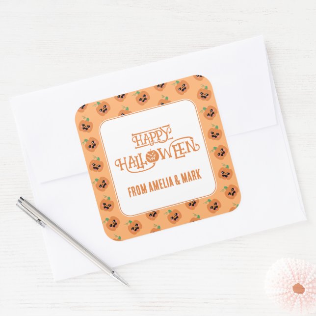 Halloween Kawaii Pumpkins Pattern Quadratischer Aufkleber (Umschlag)