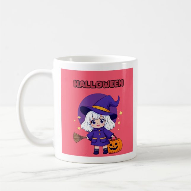 Halloween Kawaii Witch Mug – White Hair Broom 11oz Kaffeetasse (Links)