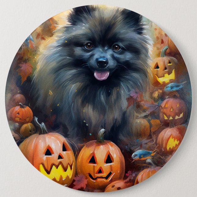 Halloween Keeshond mit Pumpkins Beängstigend Button (Vorderseite)
