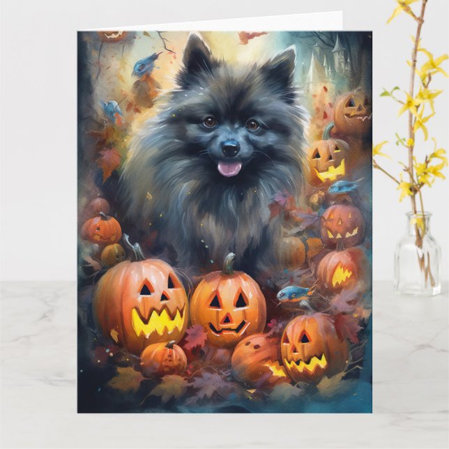 Halloween Keeshond mit Pumpkins Beängstigend Karte (Gelbe Blume)