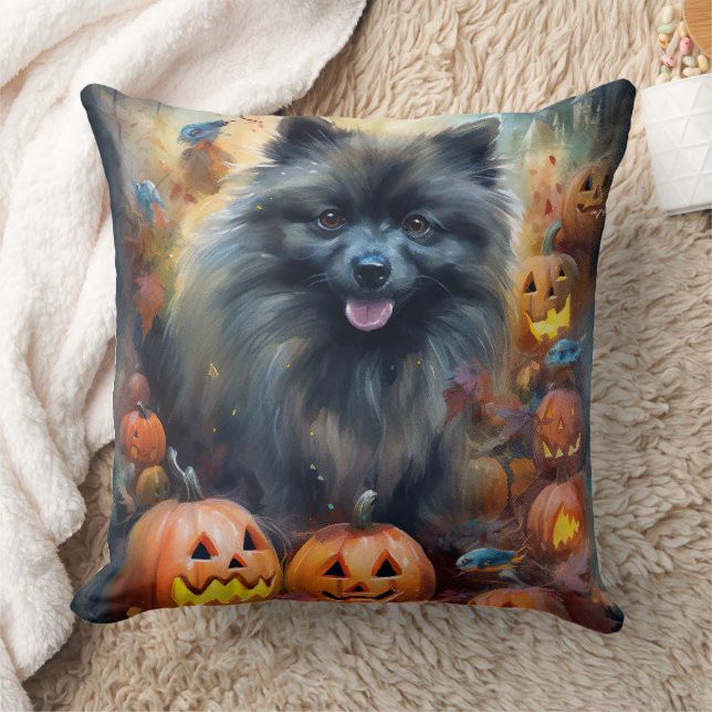 Halloween Keeshond mit Pumpkins Beängstigend Kissen (Decke)